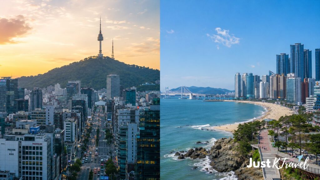 Seoul city skyline and Busan beach coastline comparison for Korea travelers