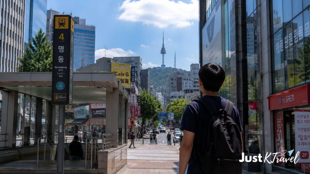 Solo traveler exploring Seoul, South Korea with a backpack near a subway station