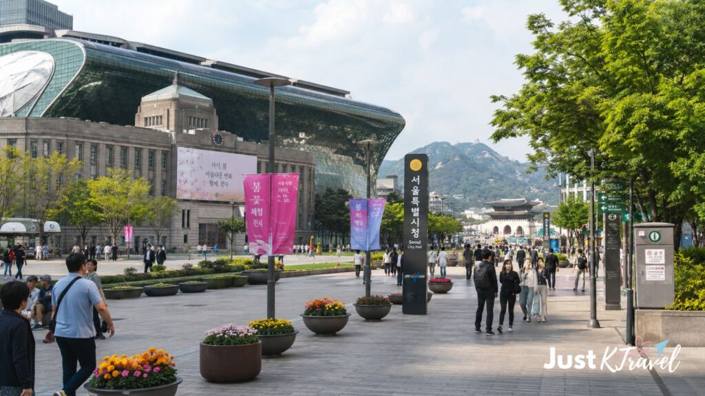Seoul City Hall area in Jung-gu with historic landmarks and modern buildings, a convenient place to stay for sightseeing
