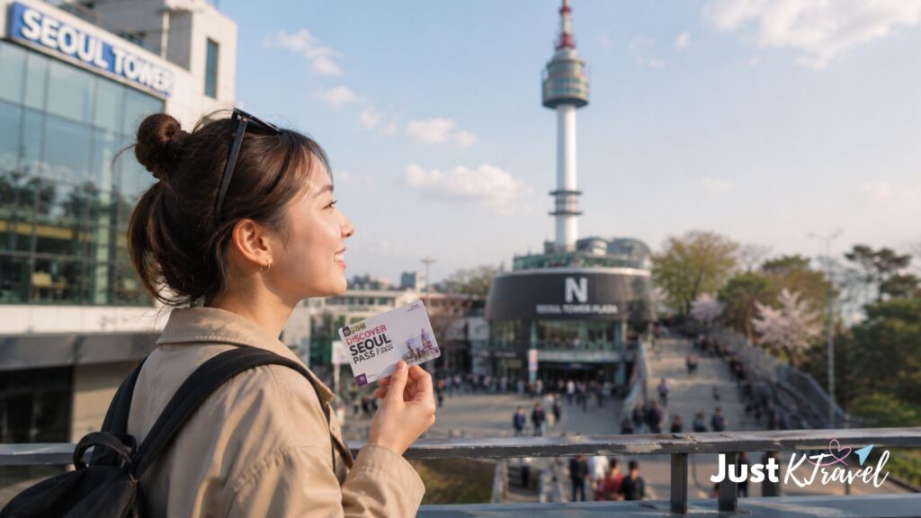 Traveler holding Discover Seoul Pass with Seoul attractions in the background