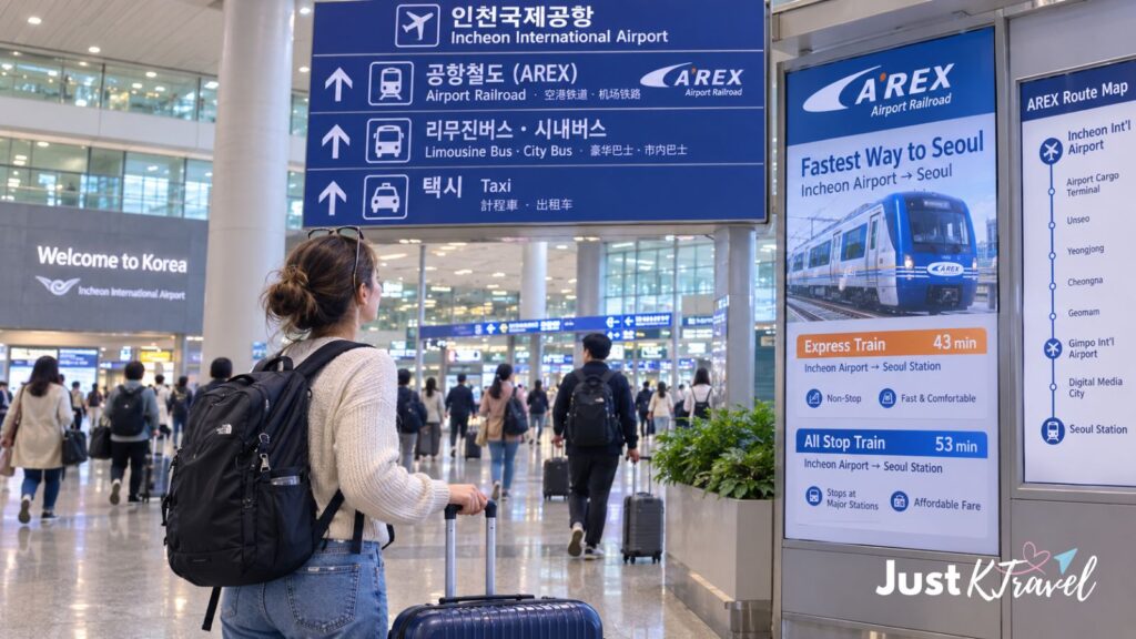 Traveler arriving at Incheon Airport with luggage and checking Seoul transportation options