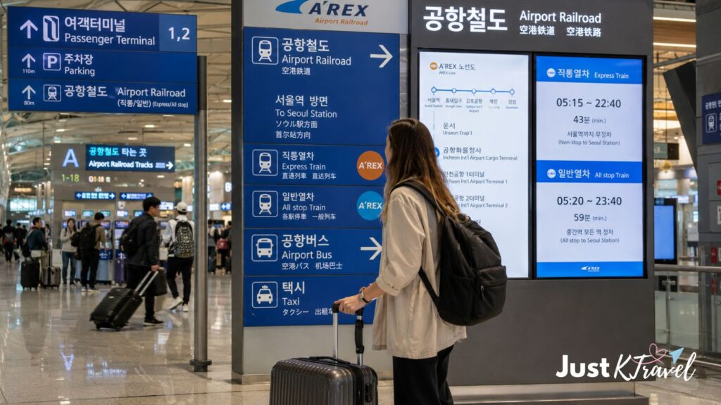 Traveler arriving at Incheon Airport with luggage and checking Seoul transportation options