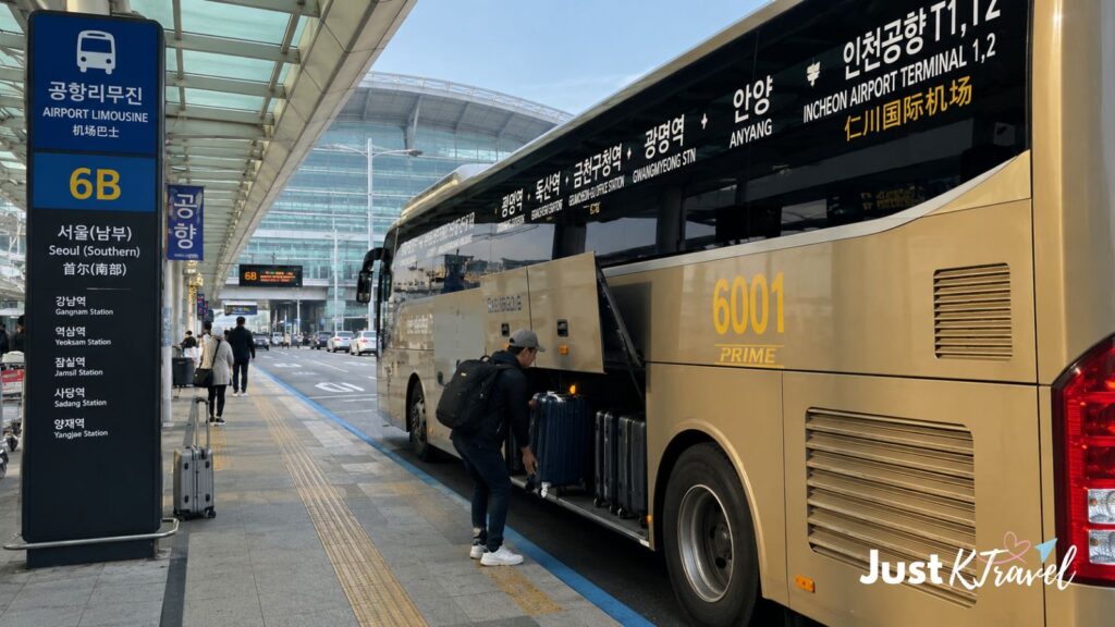 Korean airport limousine bus at Incheon Airport with traveler luggage