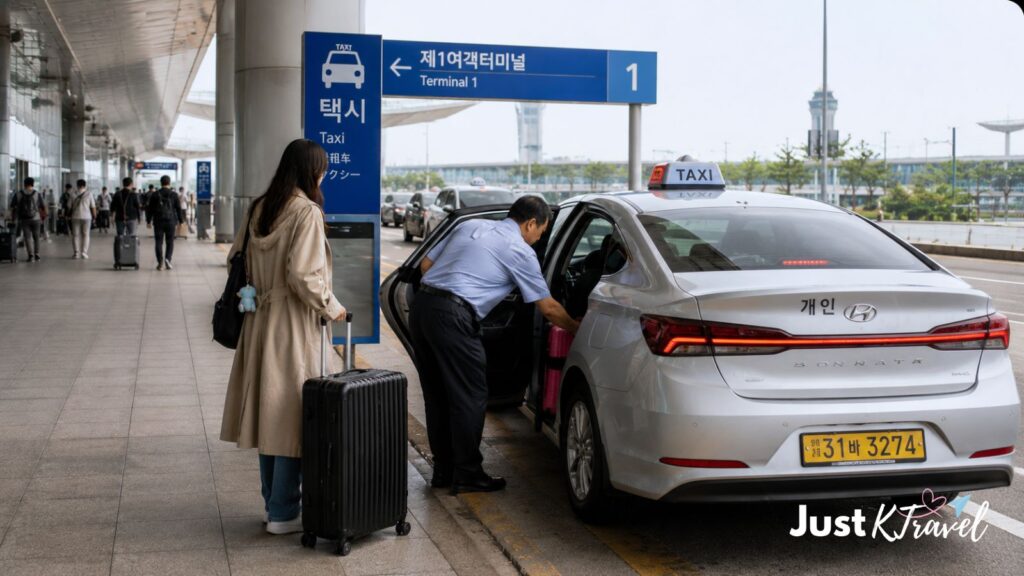 Traveler taking a taxi from Incheon Airport to Seoul with luggage