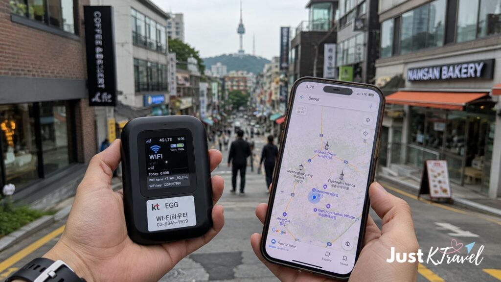 Portable pocket WiFi device and smartphone for traveling in Korea
