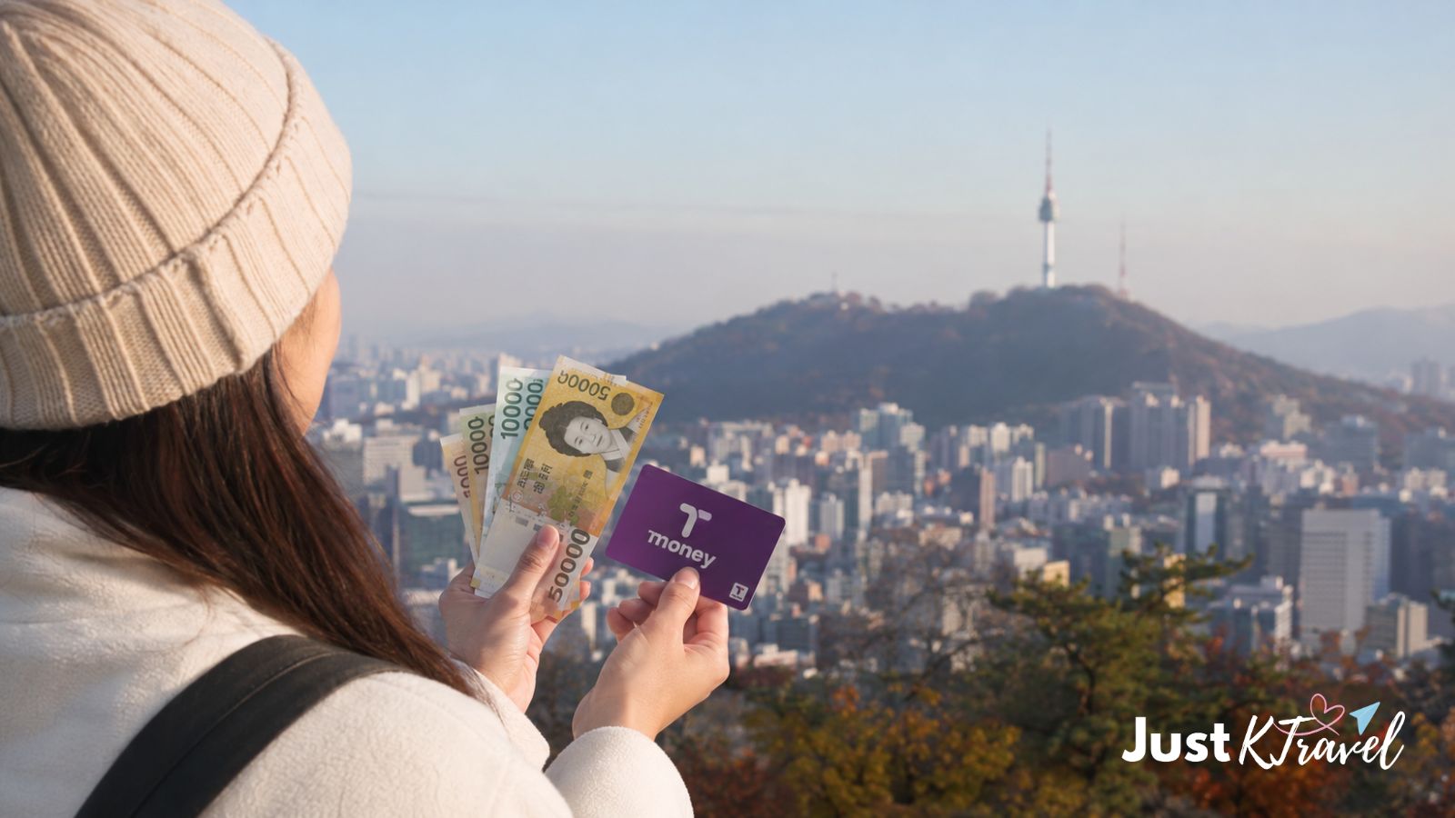 Tourist planning a Korea trip with Korean won and T-money card in Seoul