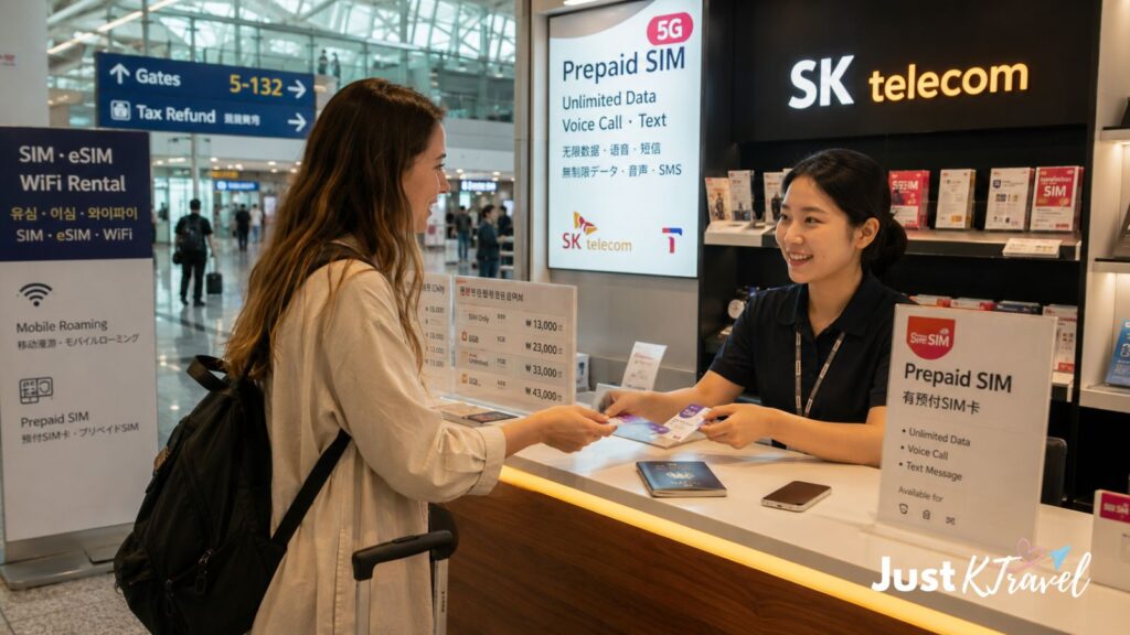 Tourist buying Korean SIM card at Incheon Airport telecom counter