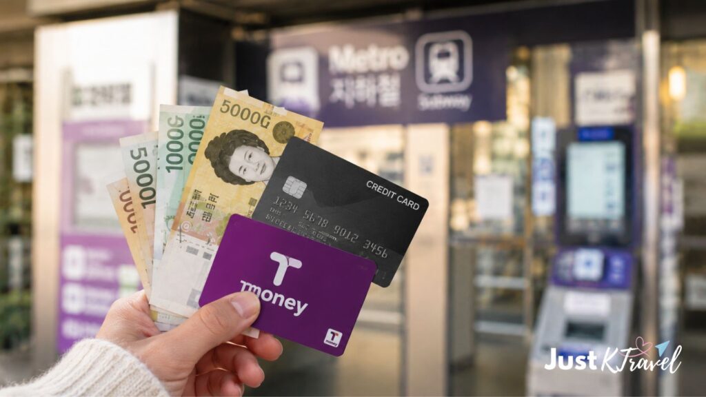 Korean won banknotes, credit card, and T-money card for traveling in South Korea