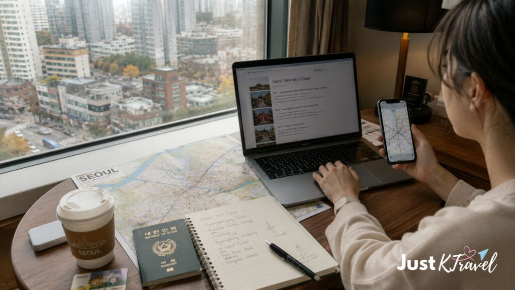 Traveler planning where to stay in Seoul with a map and travel essentials