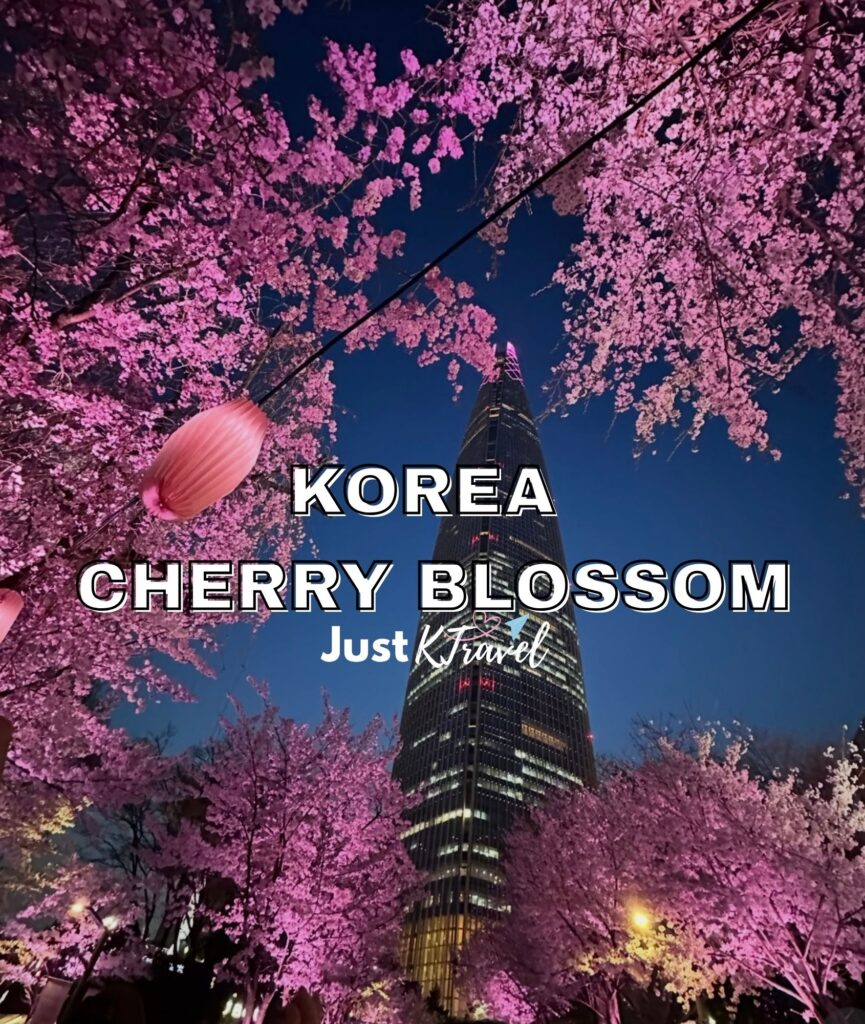 Cherry blossoms at Seokchon Lake with Lotte World Tower in Seoul during spring