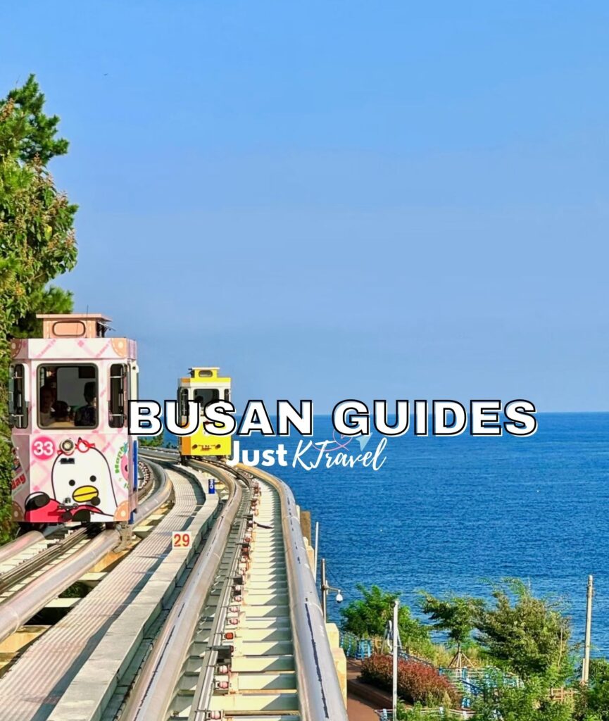 Sky Capsule train in Busan running along Haeundae coastal railway with ocean view