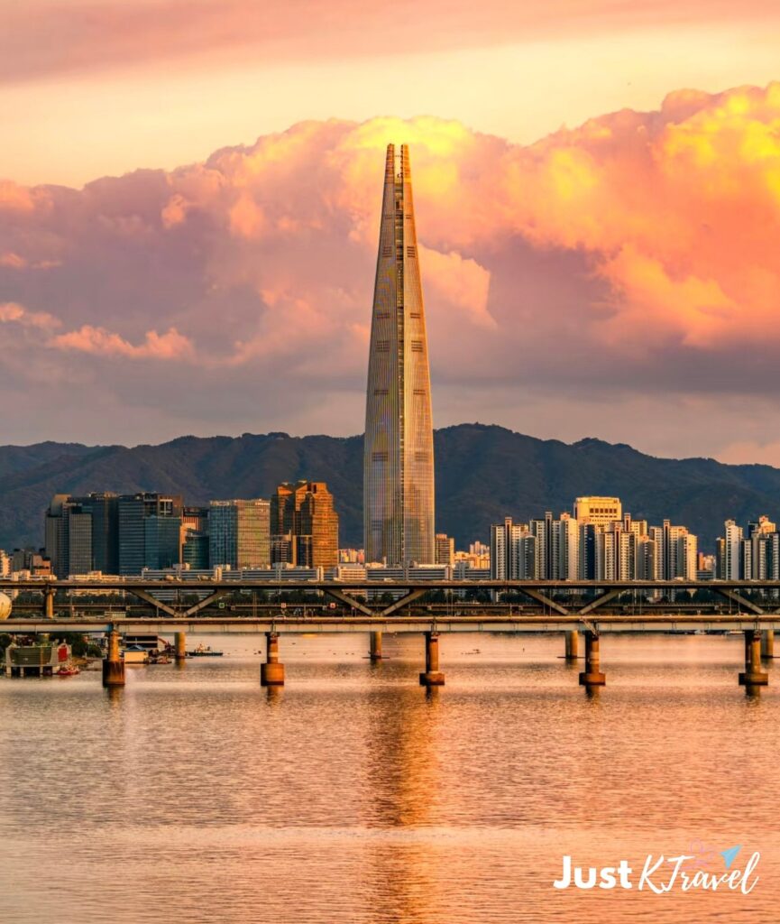 “Seoul Han River sunset view with Lotte World Tower Korea travel itinerary 2026”
