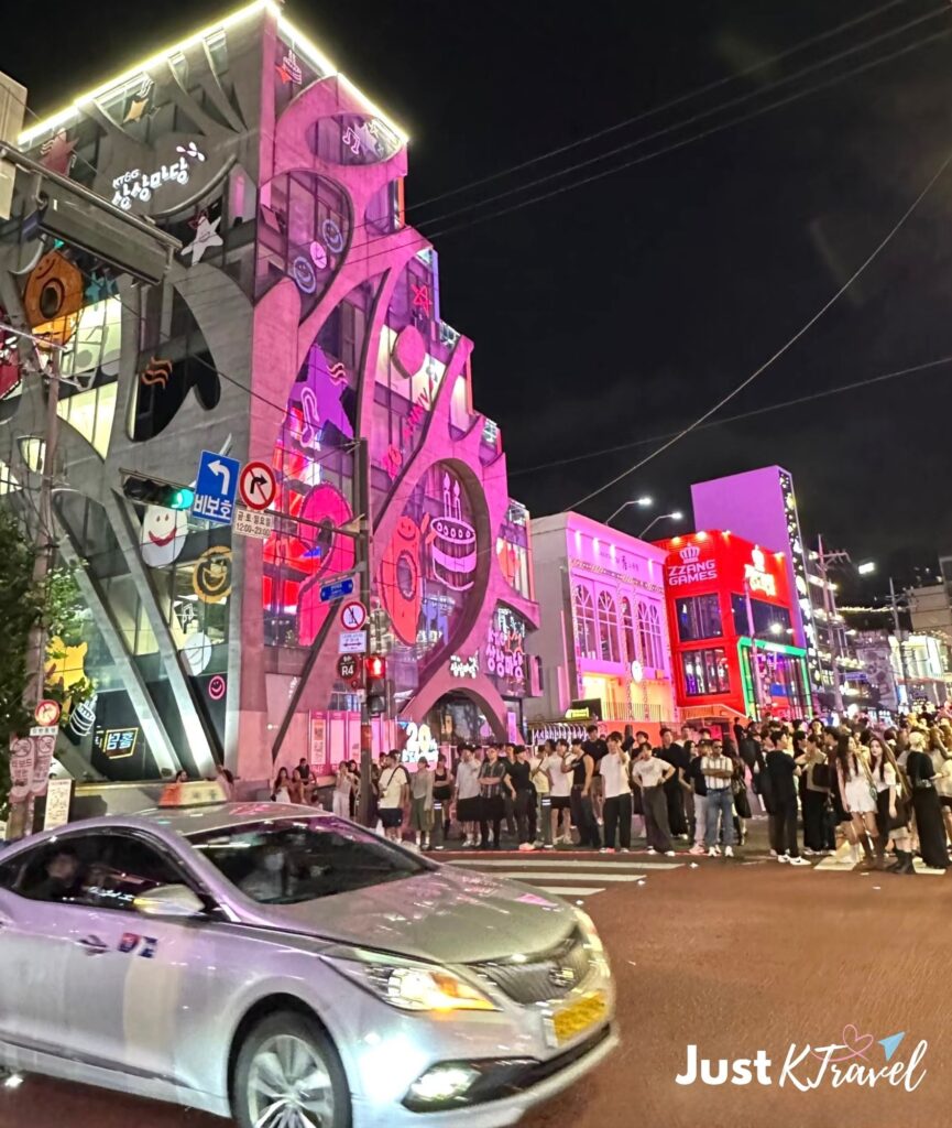 Hongdae nightlife street in Seoul with cafes and young crowd