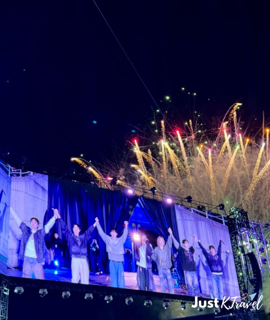 BTS concert stage with fireworks Busan South Korea