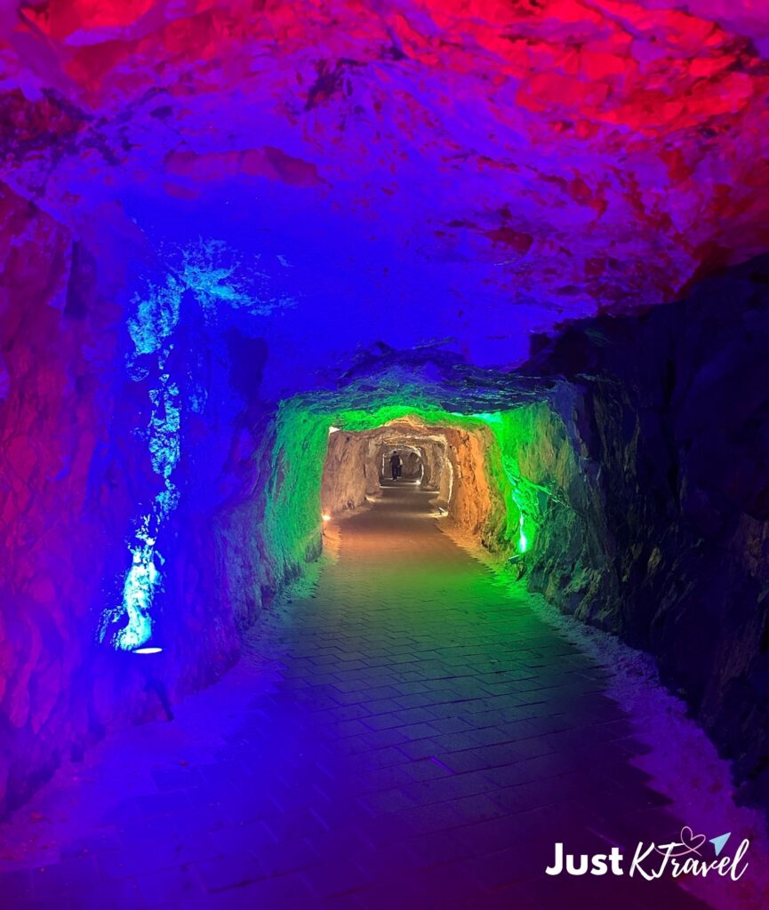 Illuminated cave tunnel in Hwalok Cave Chungju