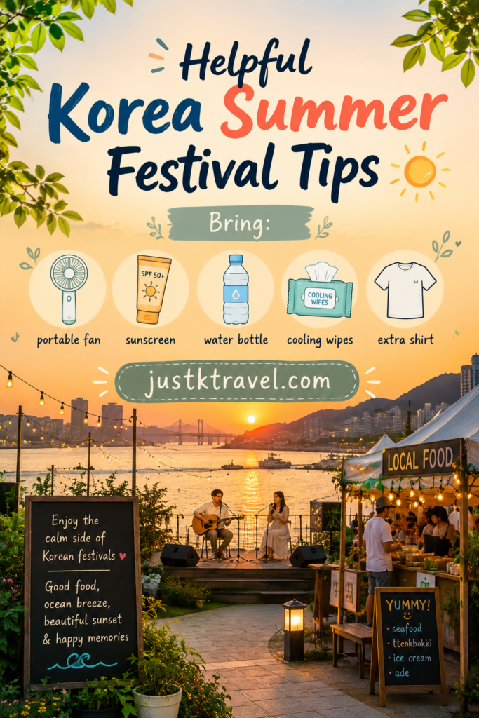 Helpful Korea summer festival tips including portable fan sunscreen water bottle cooling wipes and extra shirt