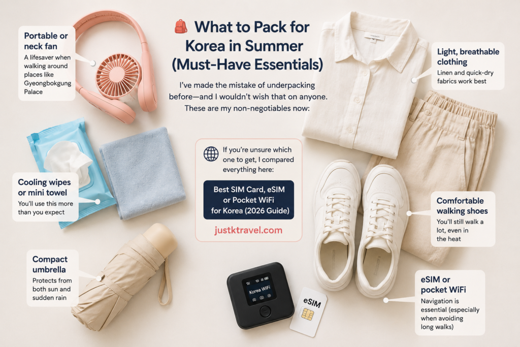 What to pack for Korea in summer essentials including fan umbrella and eSIM