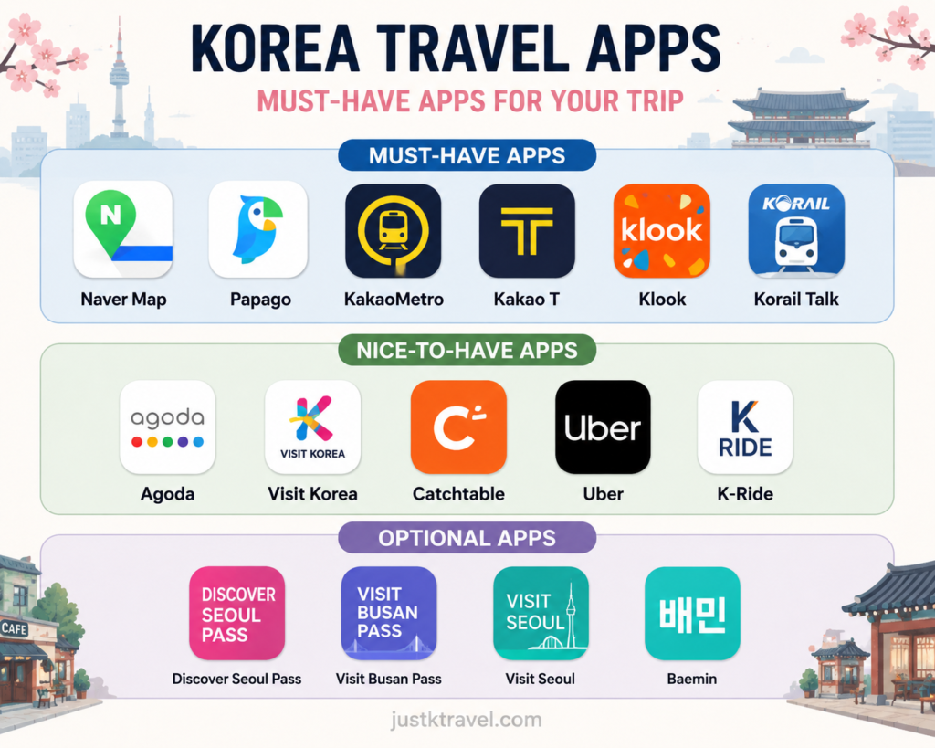 Best Korea travel apps for tourists including Naver Map, Papago, Kakao T, Klook and Korail Talk