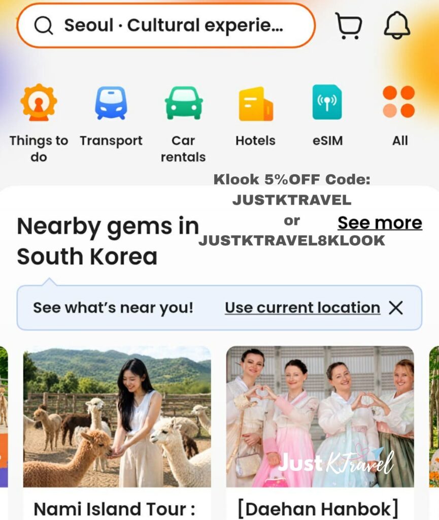 Klook website showing Korea activities, attraction tickets, and travel bookings