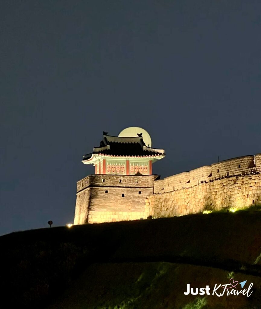 Night view of Hwaseong Fortress illuminated in Suwon, South Korea