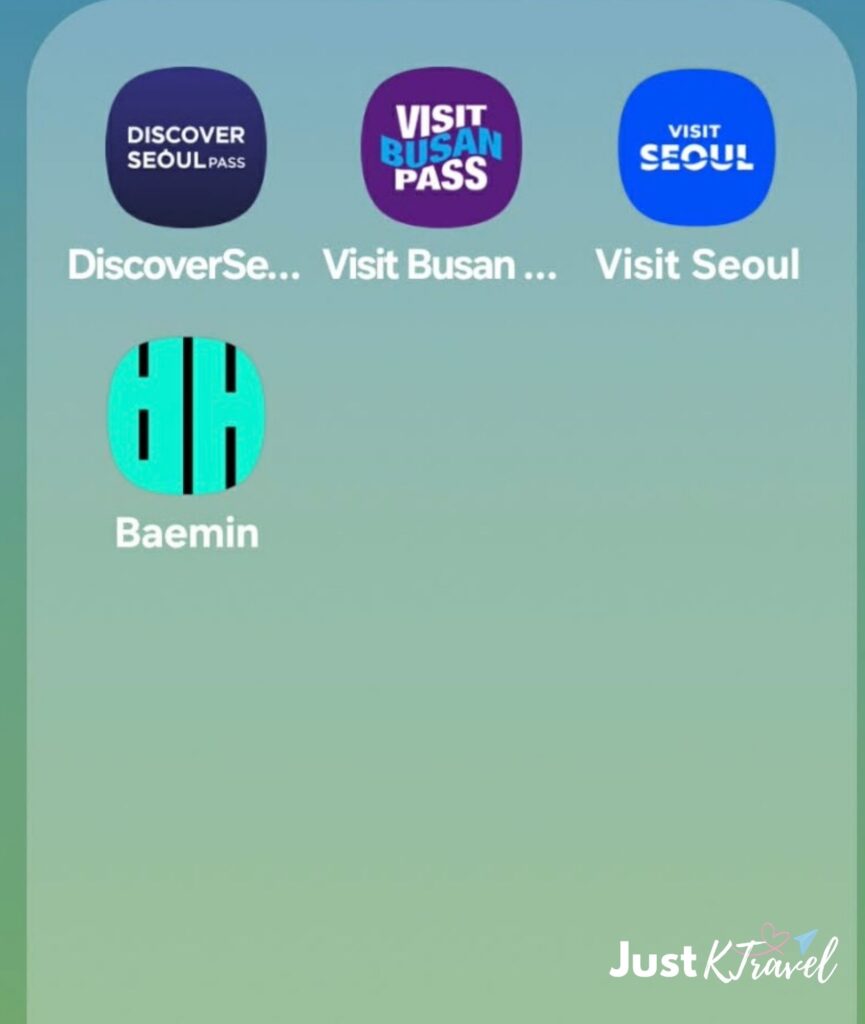 Optional Korea travel apps including Discover Seoul Pass, Visit Busan Pass, Visit Seoul and Baemin