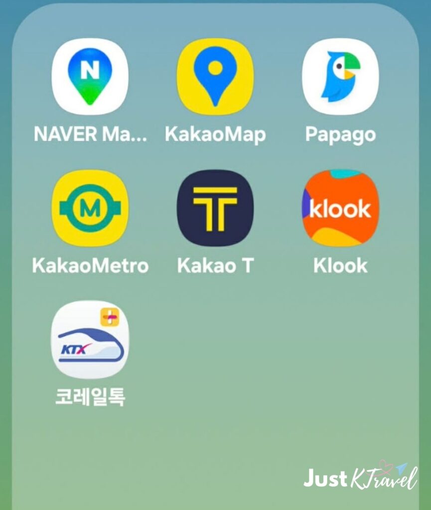 Must-have Korea travel apps including Naver Map, Papago, KakaoMetro, Kakao T, Klook and Korail Talk