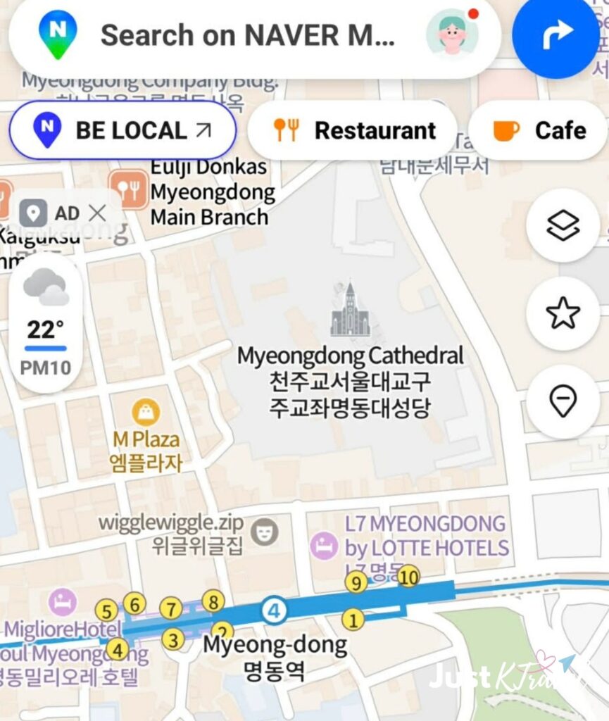 Naver Map showing navigation directions in Myeongdong Seoul