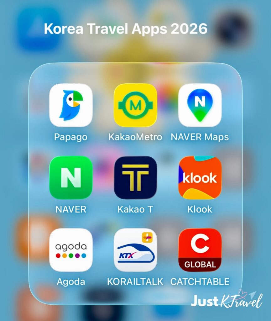 Essential Korea travel apps installed on a smartphone before a trip to South Korea