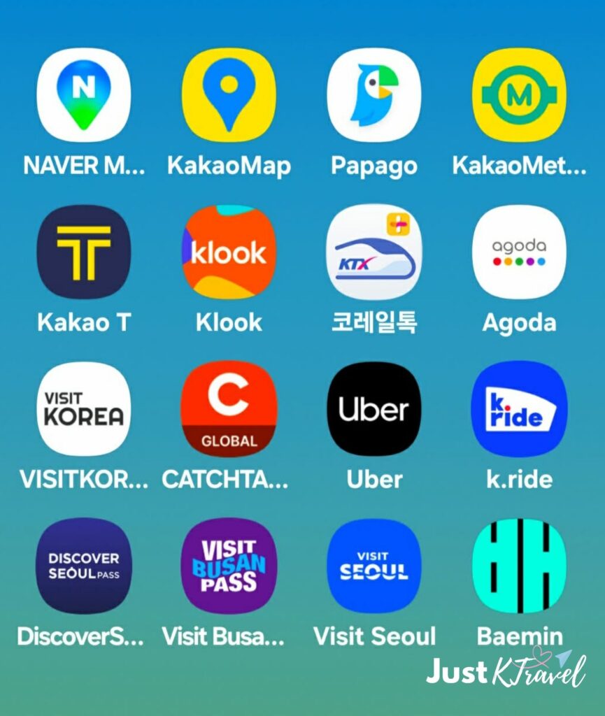 Must-have Korea travel apps including Naver Map, Papago, KakaoMetro, Kakao T, Klook and Korail Talk