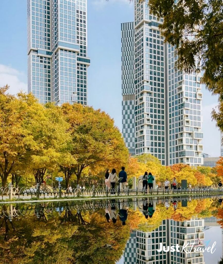 Colorful autumn foliage and walking paths at Seoul Forest in Seoul South Korea