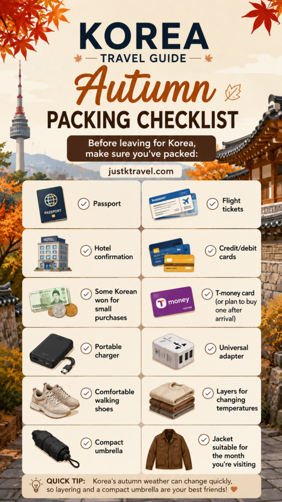 Korea autumn packing checklist for September October November travel