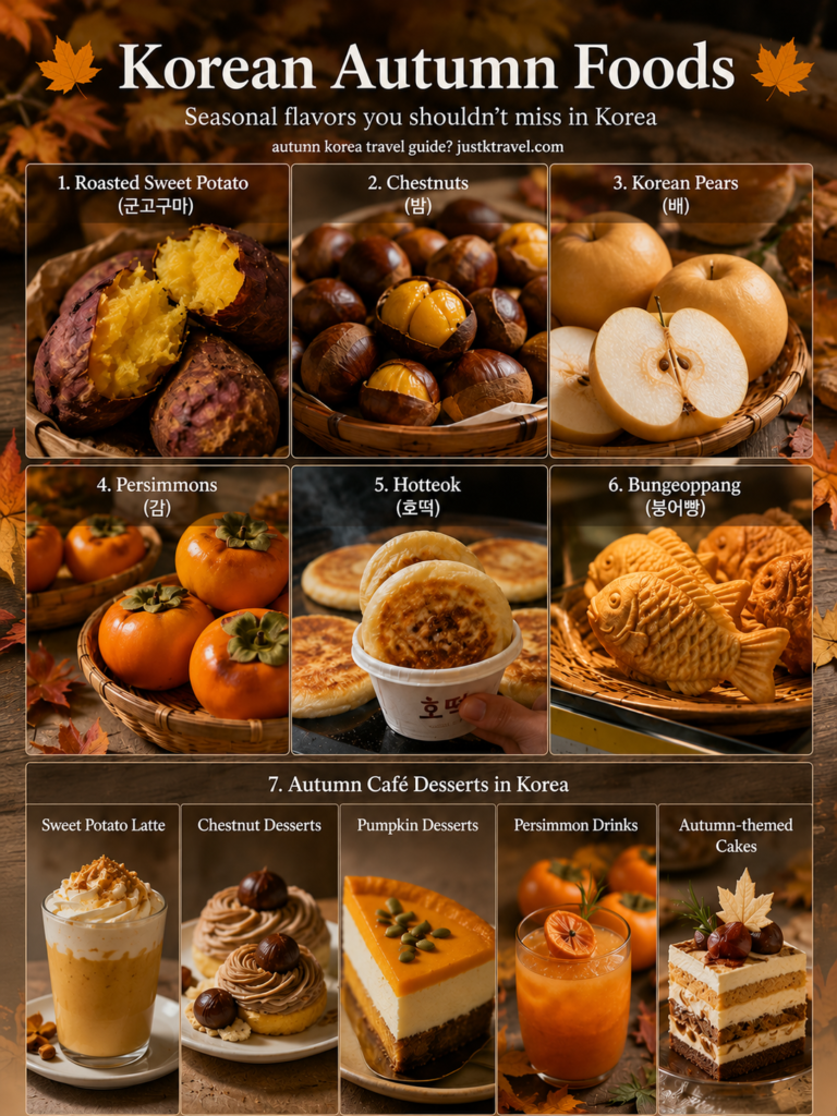 Popular Korean autumn foods including roasted sweet potatoes, hotteok, chestnuts, and persimmons