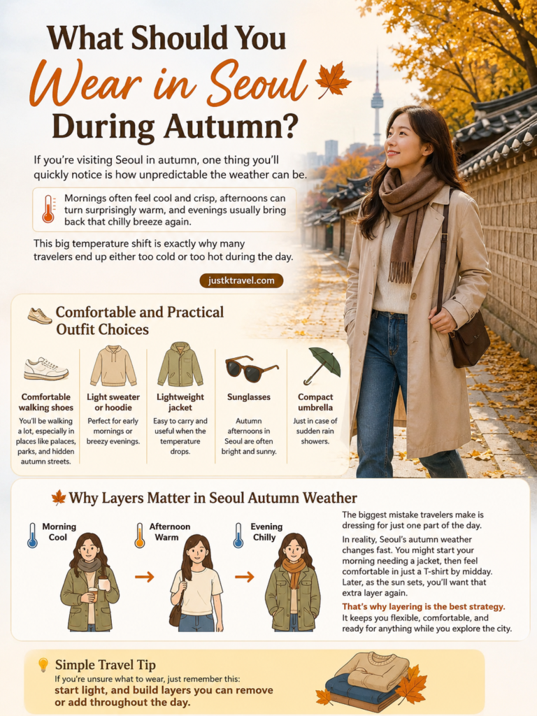 Autumn travel outfit guide for Seoul showing layered clothing style including trench coat, sweater, scarf, and comfortable shoes for walking in cool weather