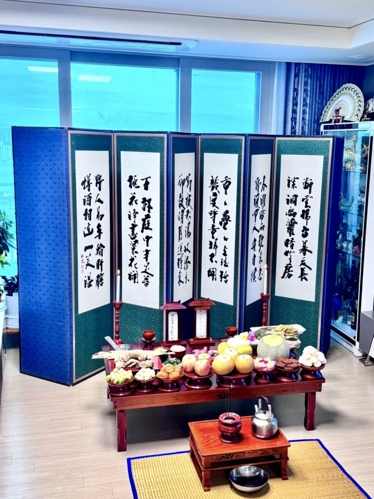 Traditional Korean Chuseok food table prepared for family ancestor ceremony