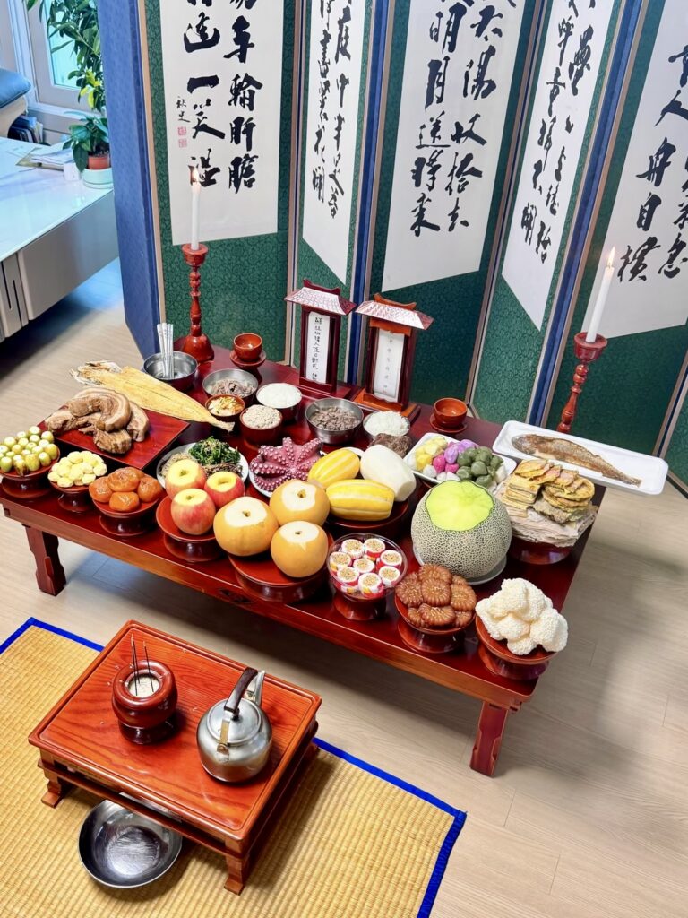 Traditional Chuseok jesa table with Korean food prepared for ancestor ceremony