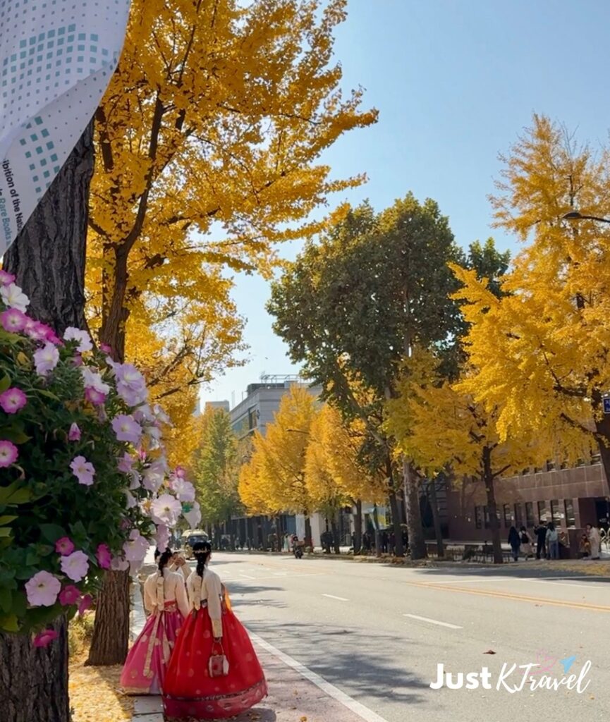 People in hanbok walking under autumn trees on Hyoja-ro during fall season in Seoul