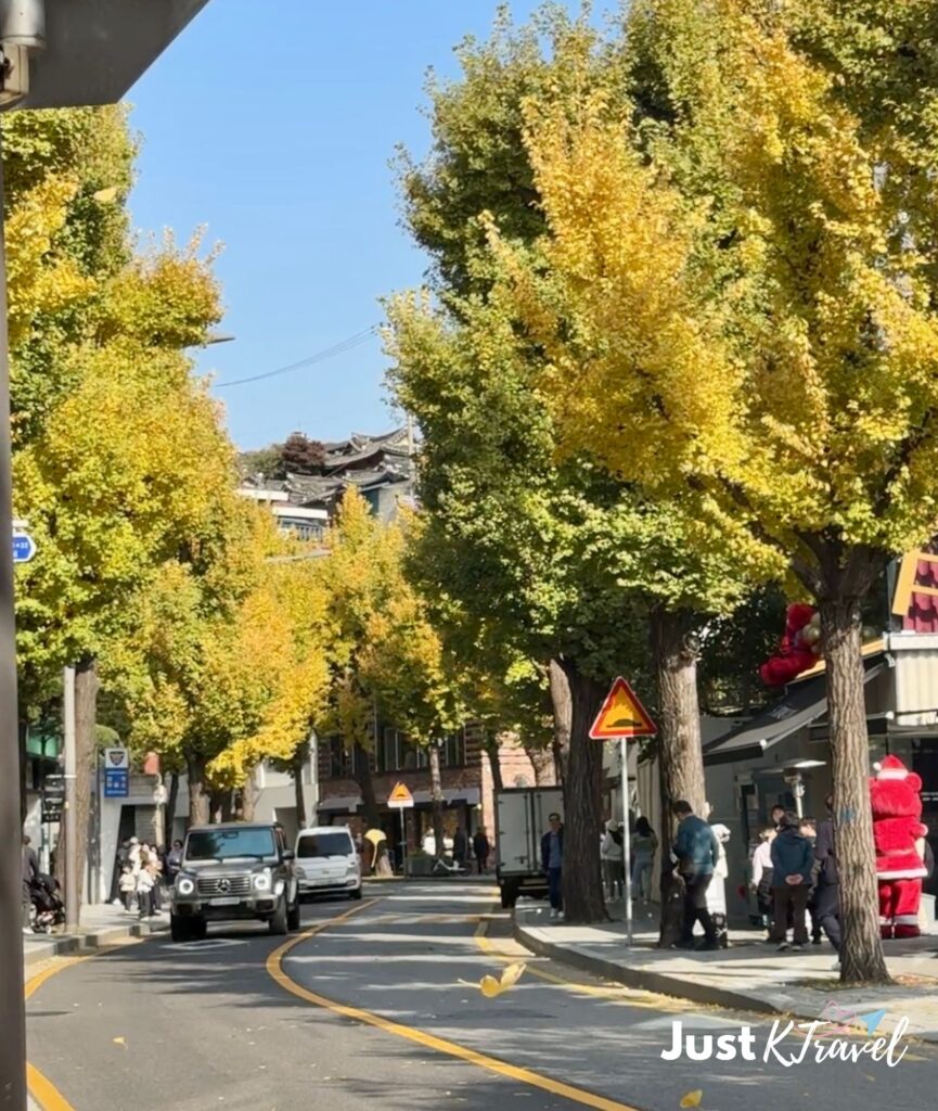 Autumn foliage street at Samcheong-dong with colorful maple trees and cars passing through a scenic fall road in Seoul