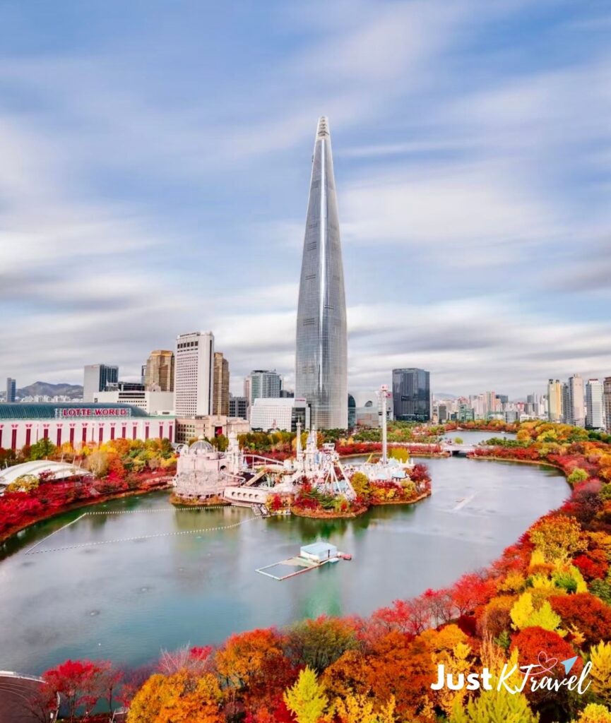 Seokchon Lake autumn foliage with Lotte World Tower