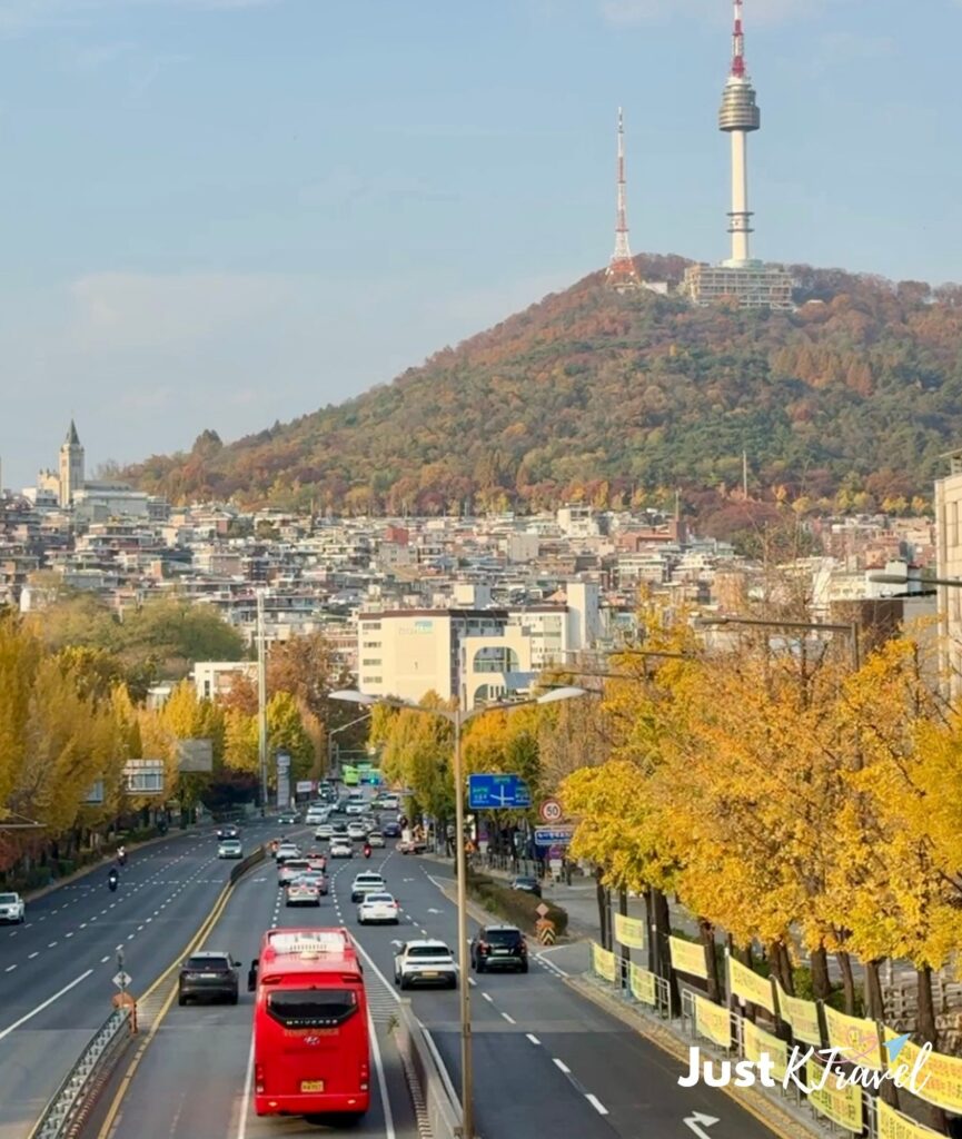 Autumn view of N Seoul Tower from Noksapyeong Bridge in Seoul Korea