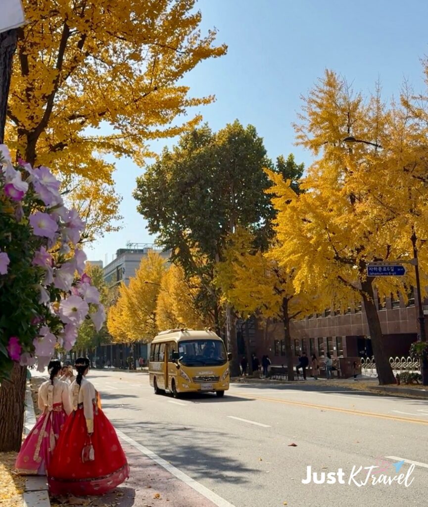 Visitors wearing hanbok among autumn leaves at a Korean palace in Seoul