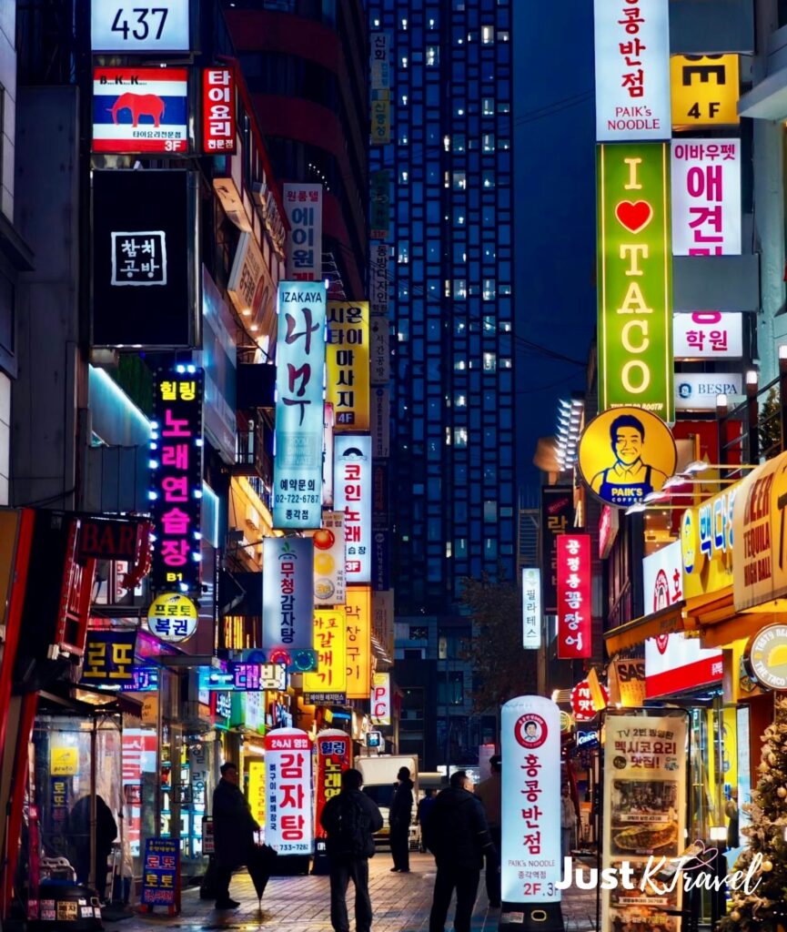 Myeongdong Shopping Street in Seoul with restaurants and shops