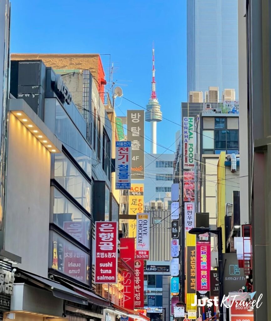 Myeongdong Shopping Street in Seoul with restaurants and shops