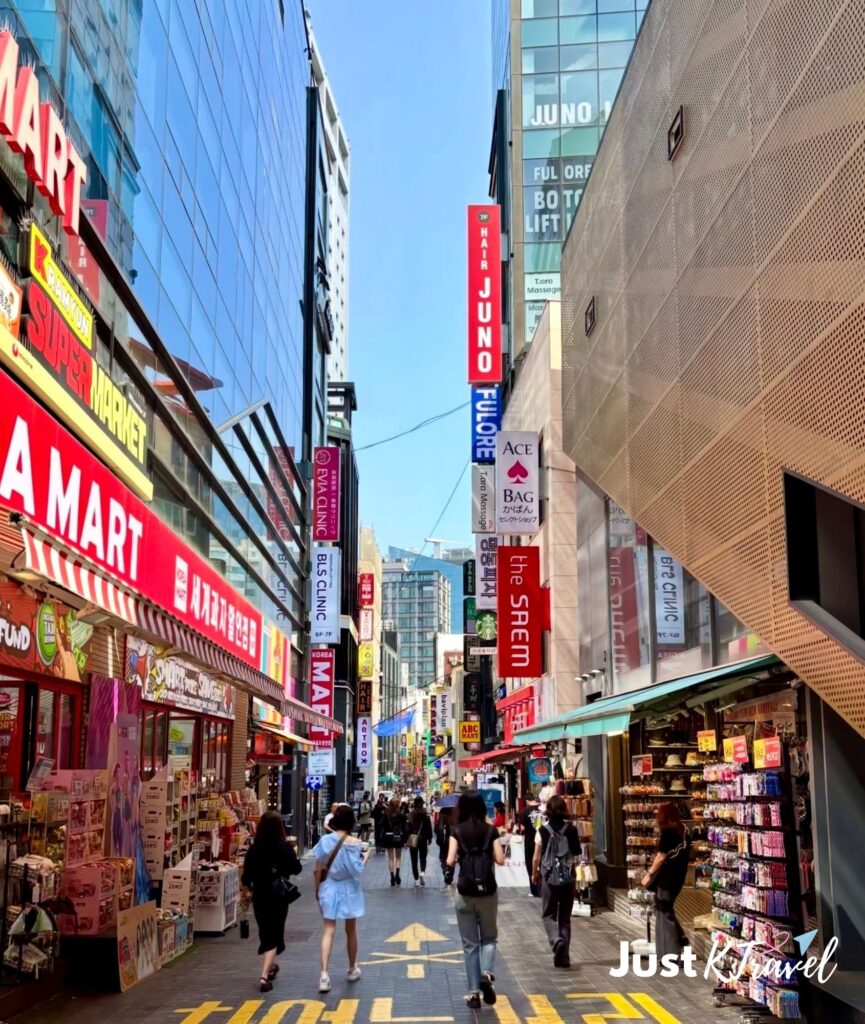 Myeongdong Shopping Street in Seoul with restaurants and shops