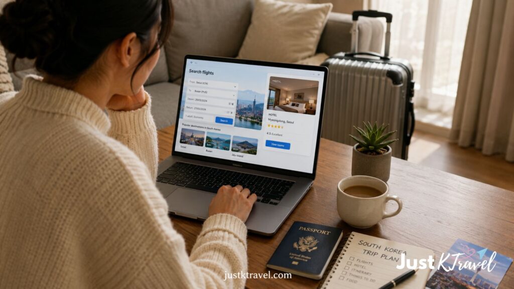 Traveler planning Korea vacation with flight booking, hotel search, and luggage