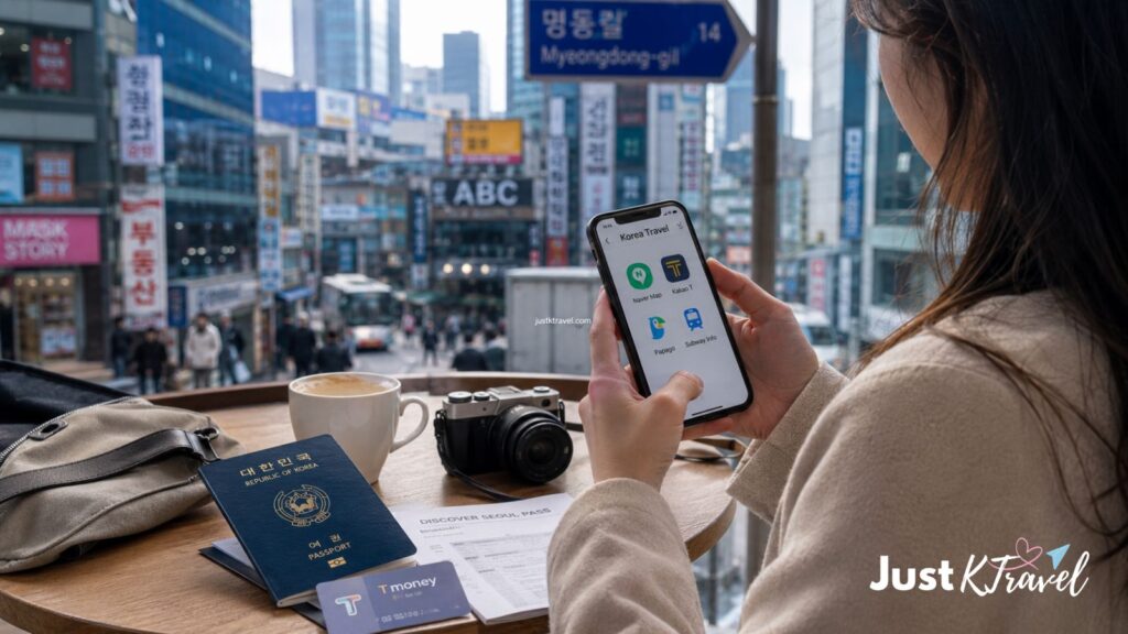 Traveler using smartphone with essential Korea travel apps for navigation, translation, and transportation