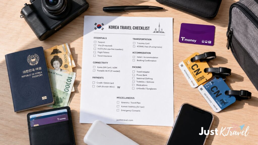 Korea travel checklist with passport, Korean won, credit card, phone, and luggage essentials