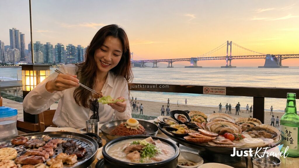 First-time visitor enjoying Korean food near Gwangalli Beach Busan with Gwangan Bridge view