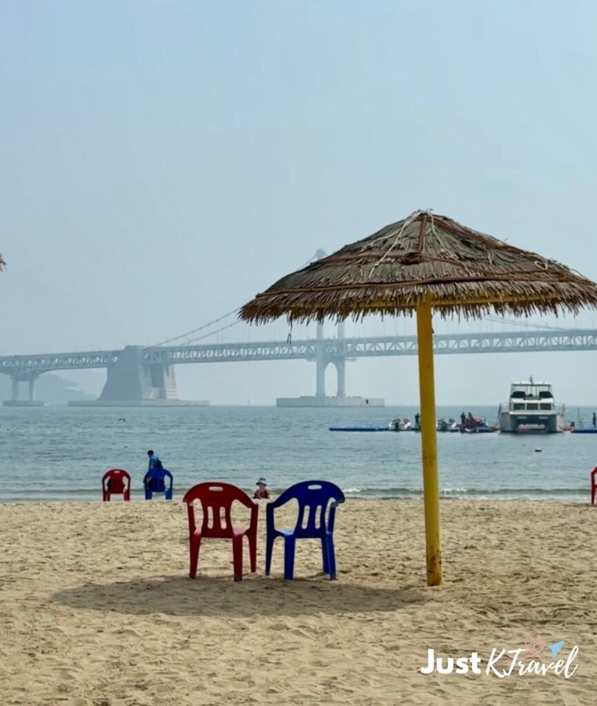 Daytime view of Gwangalli Beach and Gwangan Bridge in Busan