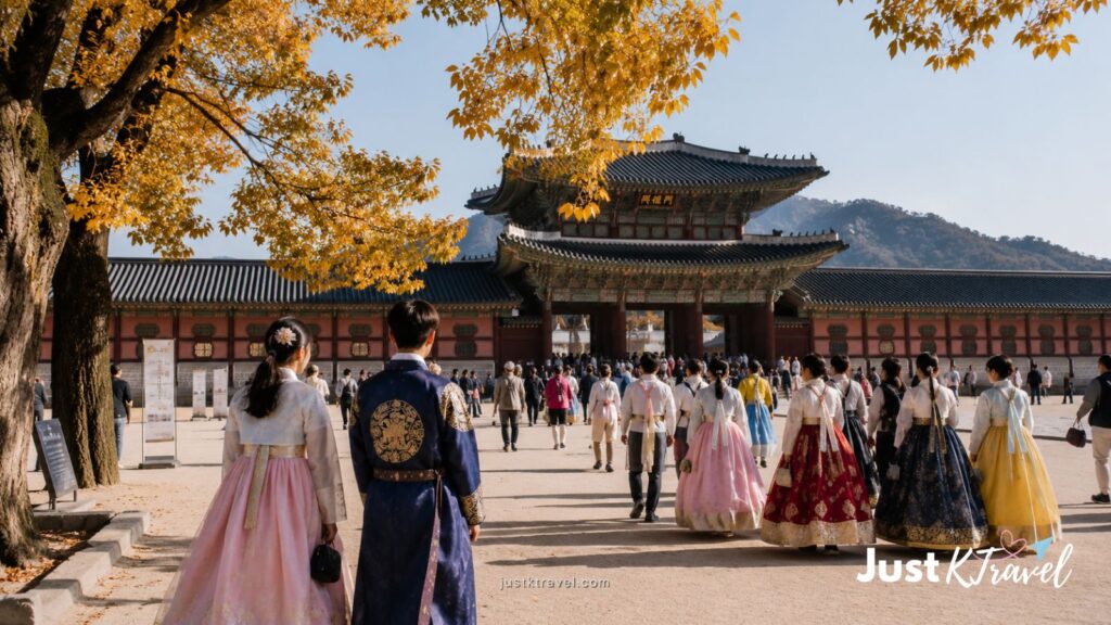 Visitors wearing hanbok at a Korean palace during Chuseok autumn holiday