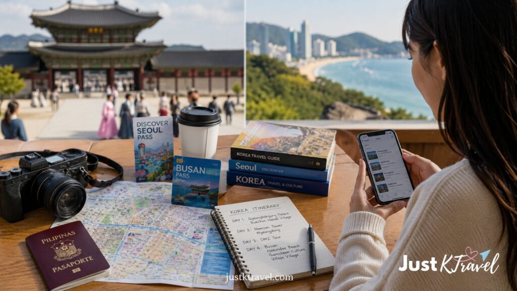 Solo traveler planning Korea sightseeing itinerary with attraction pass and travel essentials